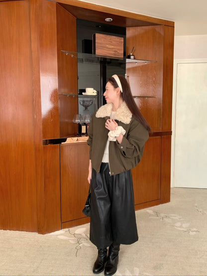 // 拼接卷毛領設計感短外套