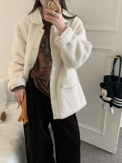 // 拼接材質羊羔毛翻領中長外套