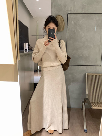 // 可前後穿小半領毛衣+褶褶針織裙套裝