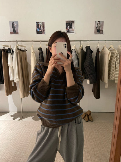 // 復古配色小V翻領間條毛衣