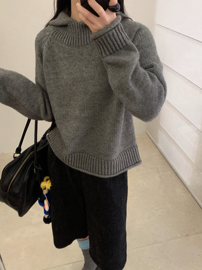 // 粗織紋領位連帽卷卷邊毛衣