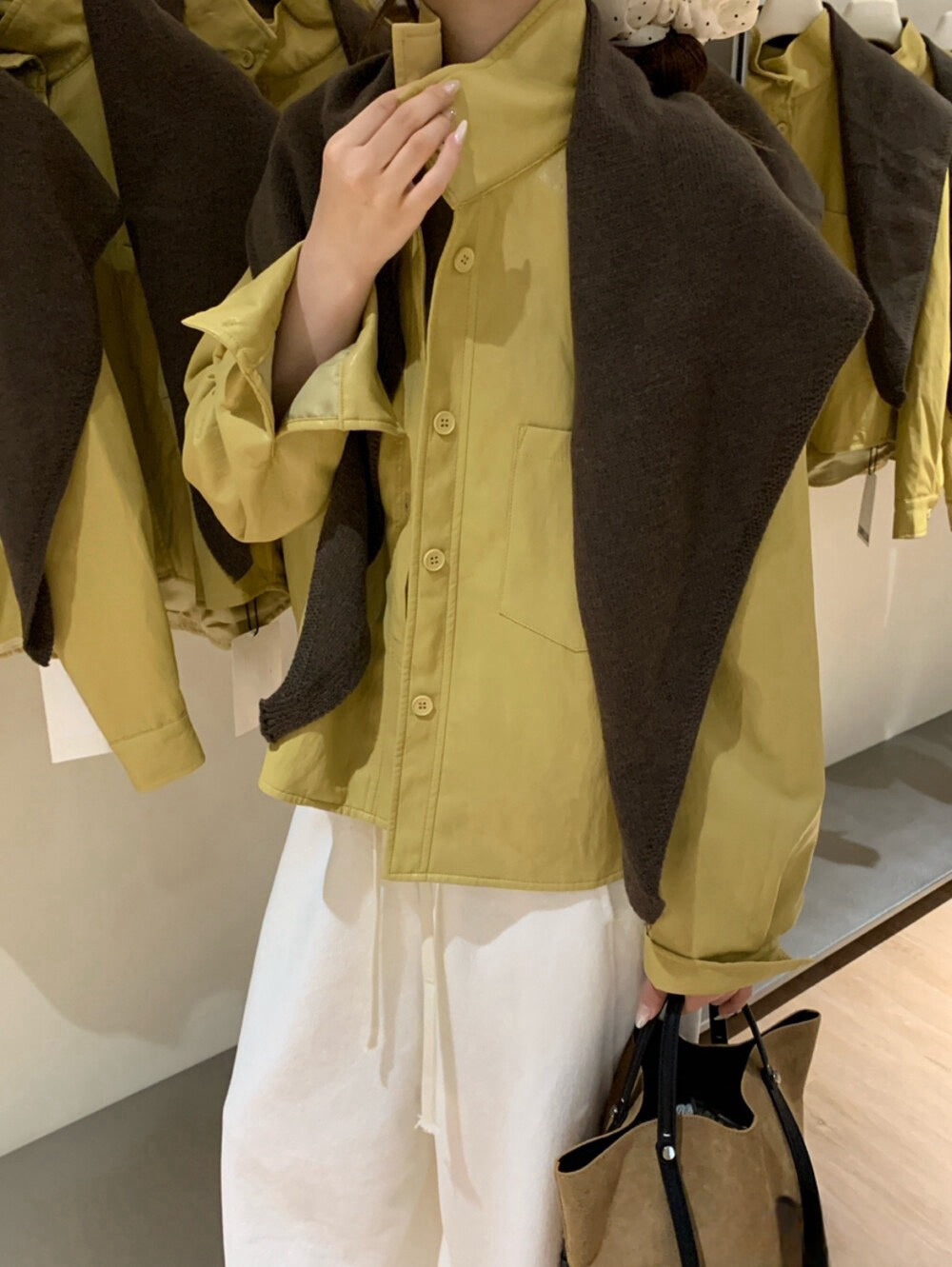 // 立領設計超軟彷皮外套(連披肩)