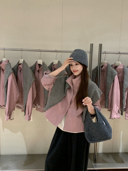 // 立領設計超軟彷皮外套(連披肩)