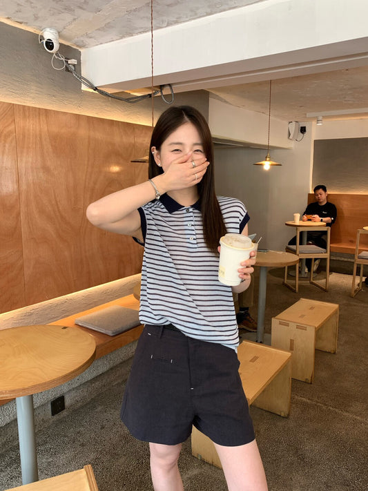 // 28%羊毛撞色邊polo間條針織背心