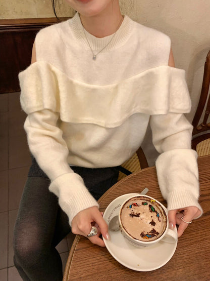 // 小性感露肩荷葉邊毛衣