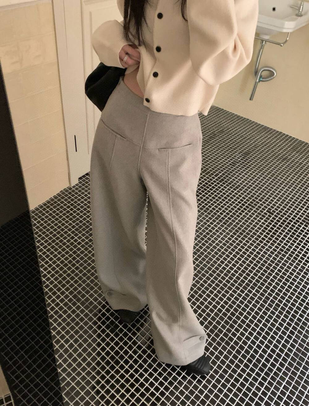 // 50%羊毛設計感褲腳高腰褲