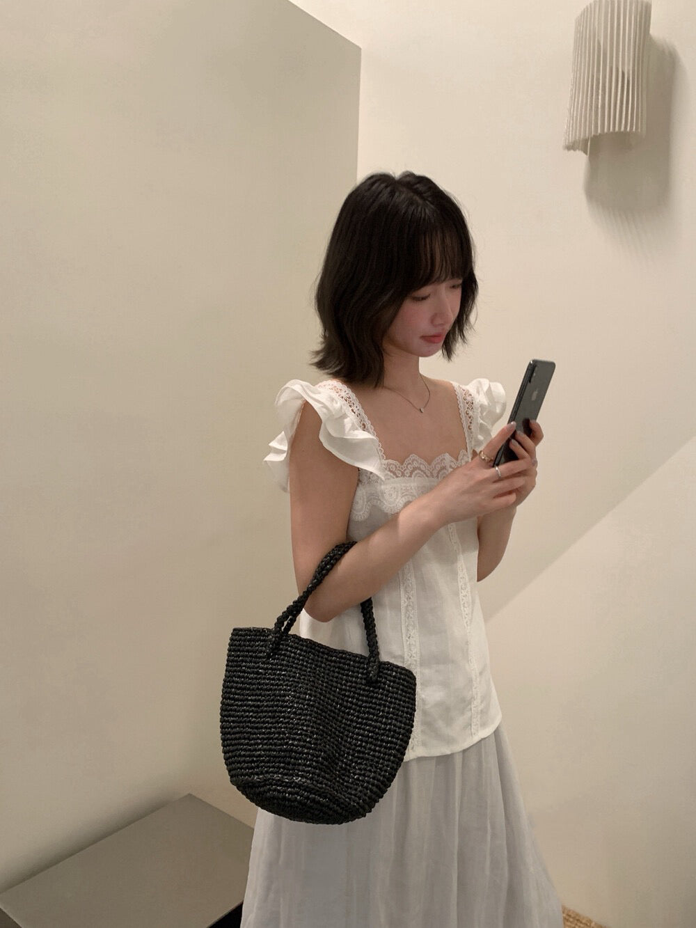 // 超美lace邊小飛袖麻質背心