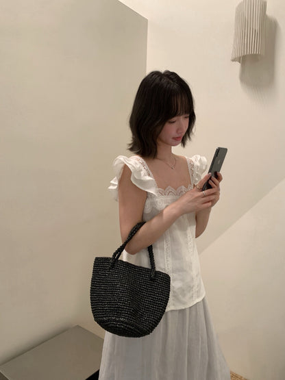 // 超美lace邊小飛袖麻質背心