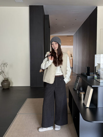 // 小口袋裝飾加絨直腳混羊毛呢褲(連腰帶)