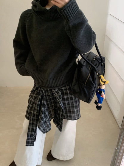 // 粗織紋領位連帽卷卷邊毛衣