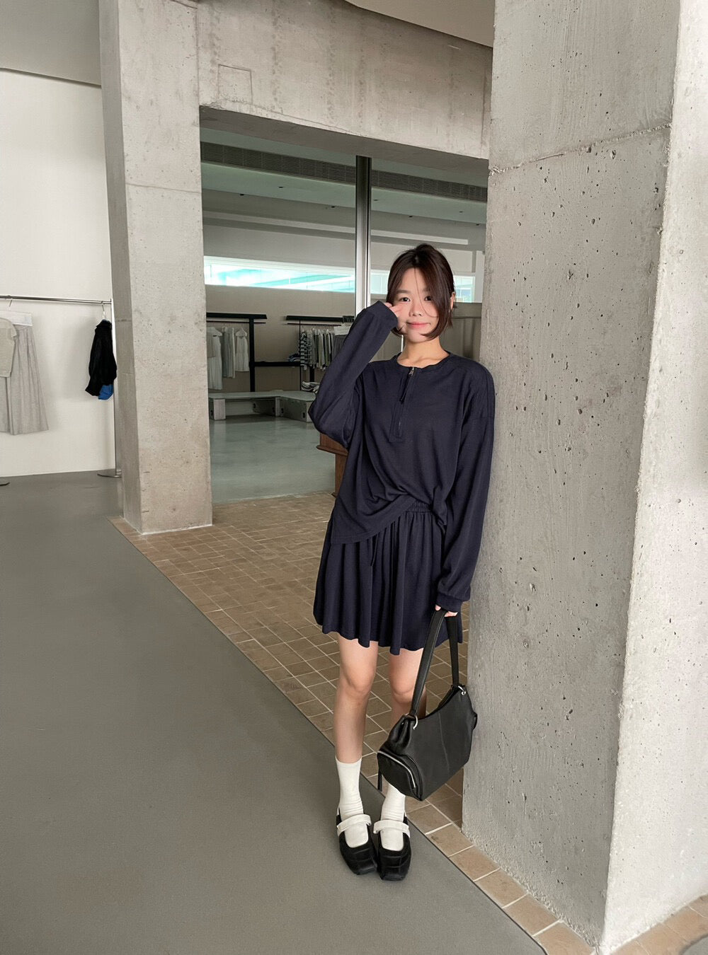// 慵懶休閒風lyocell麻半拉鍊TEE+裙套裝