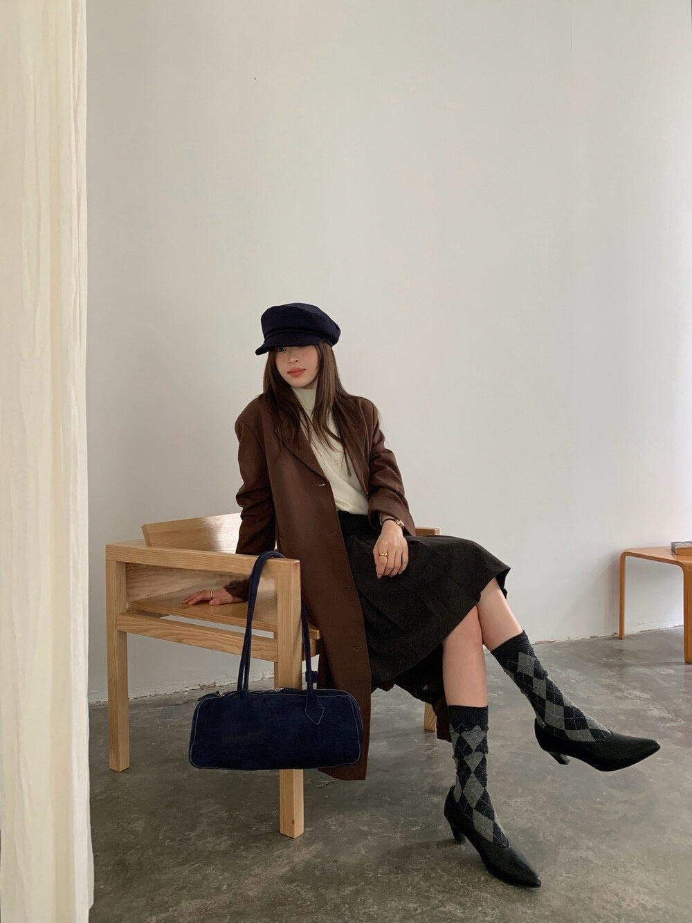 // 連腰帶定位壓褶毛呢五分裙