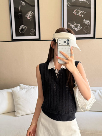 K10 / 拼接polo翻領鏤空織紋背心