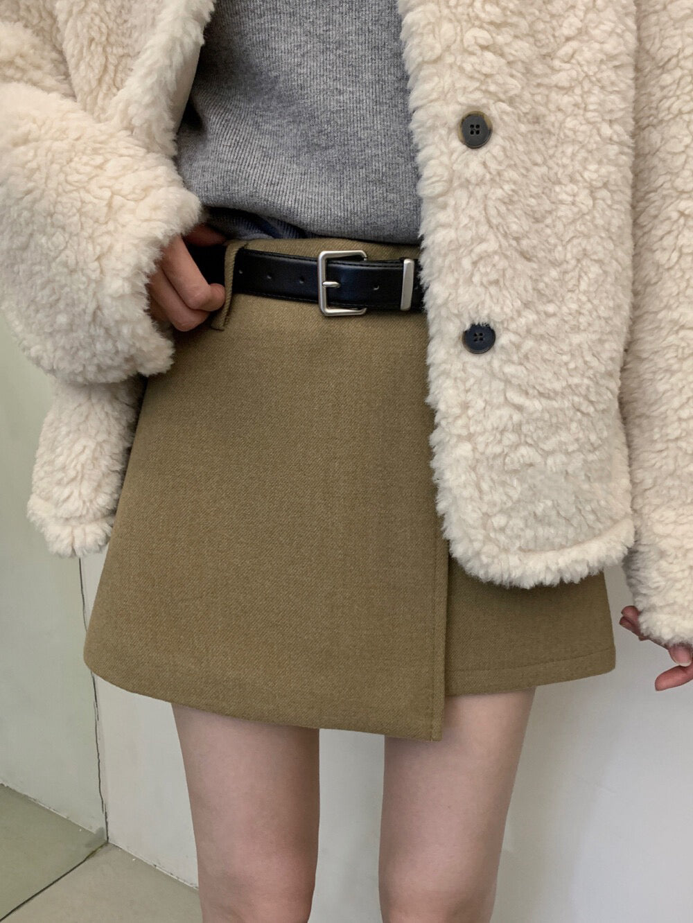 // 10%wool超拉長比例的連腰帶雙層毛呢短裙(內連內裡打底褲)