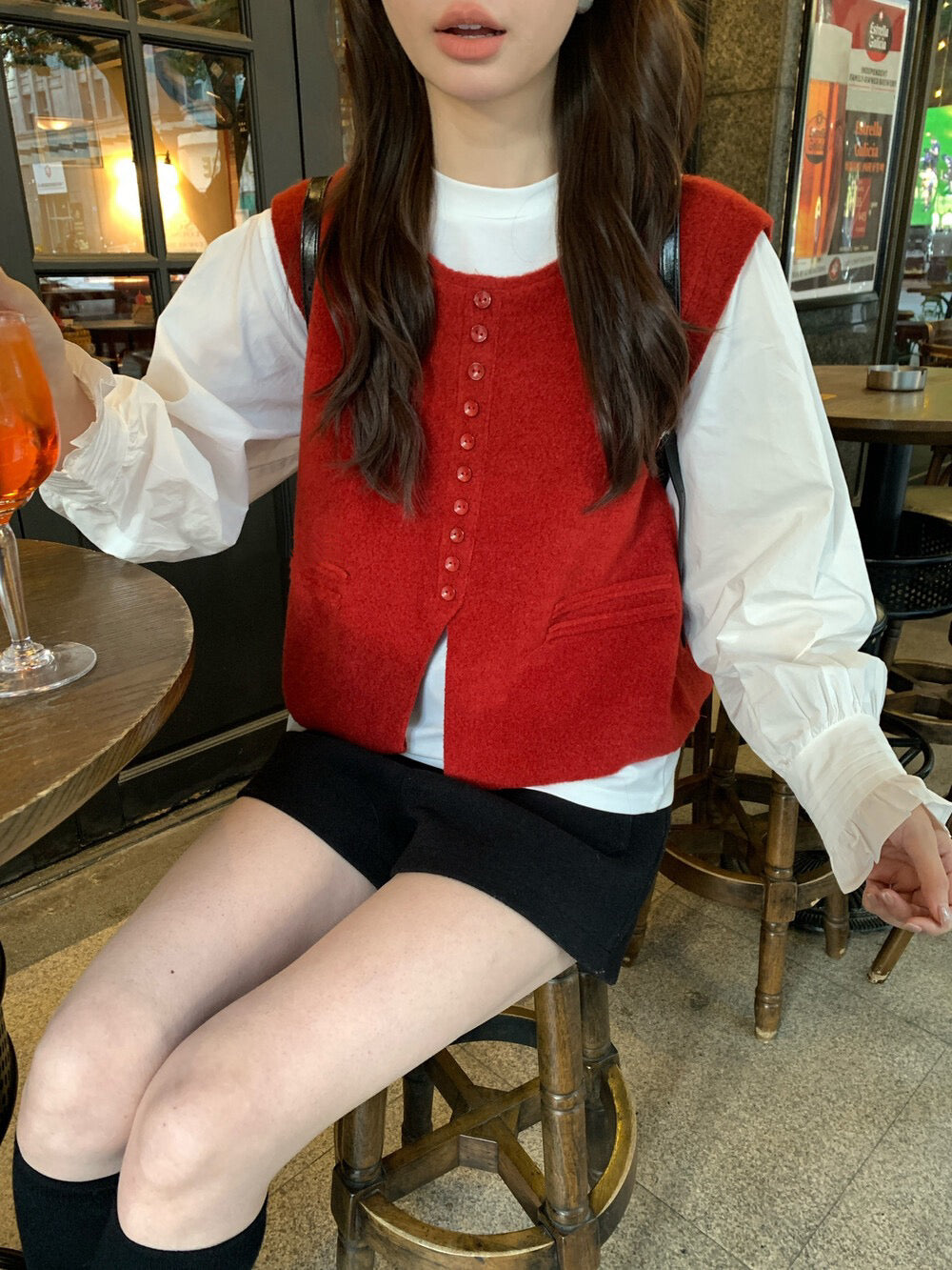 // 簡約鈕扣針織馬甲+花邊袖長袖上衣套裝