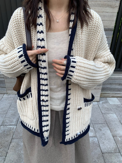 // 撞色織紋包邊翻領中長冷外套