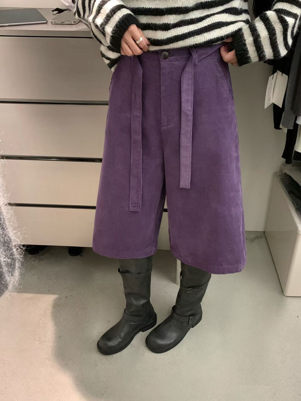 // 五分帥氣連腰帶燈芯絨褲