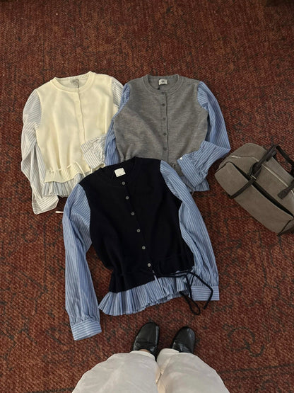 C28 / 假兩件拼接間條恤衫百褶腳針織外套