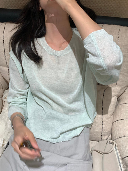 // 防曬混麻質薄款針織上衣