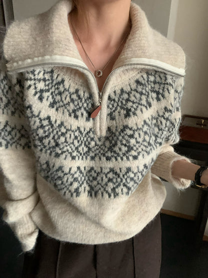 // 11%wool北歐風花紋半拉鍊可立領毛衣