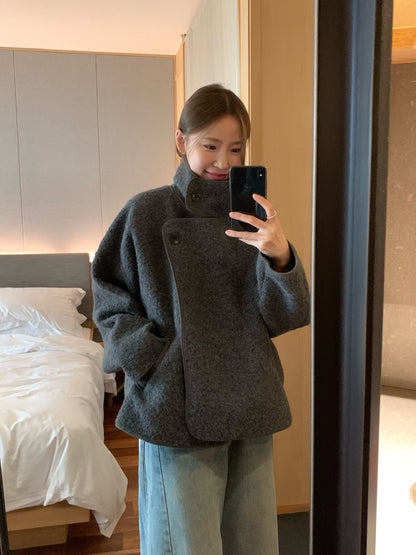 // 圈圈絨可立領中長外套