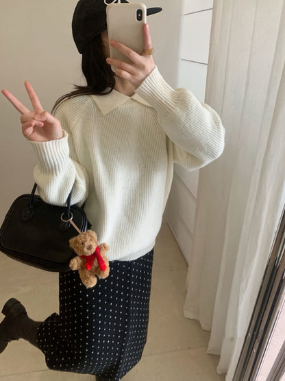 // 部分撞色翻領插肩毛衣