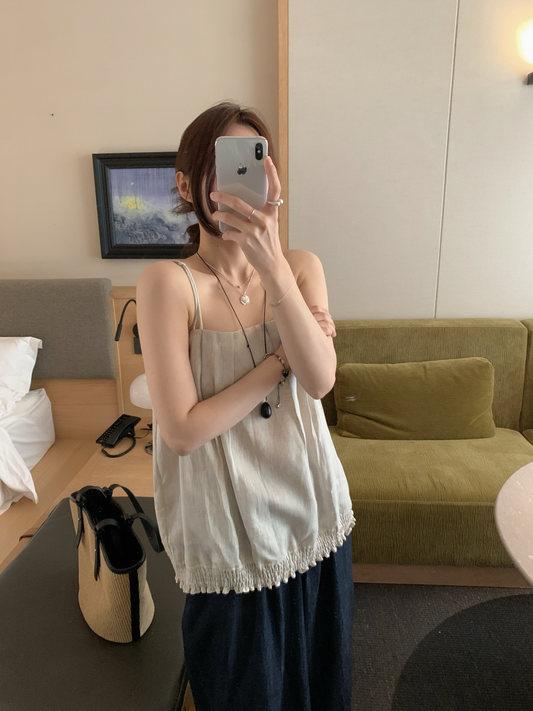 // 花邊橡筋腳壓褶麻質小吊帶