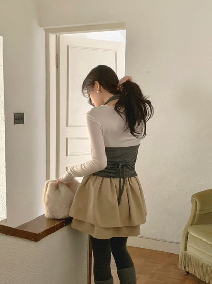 // 質感麂皮絨雙層蛋糕短裙