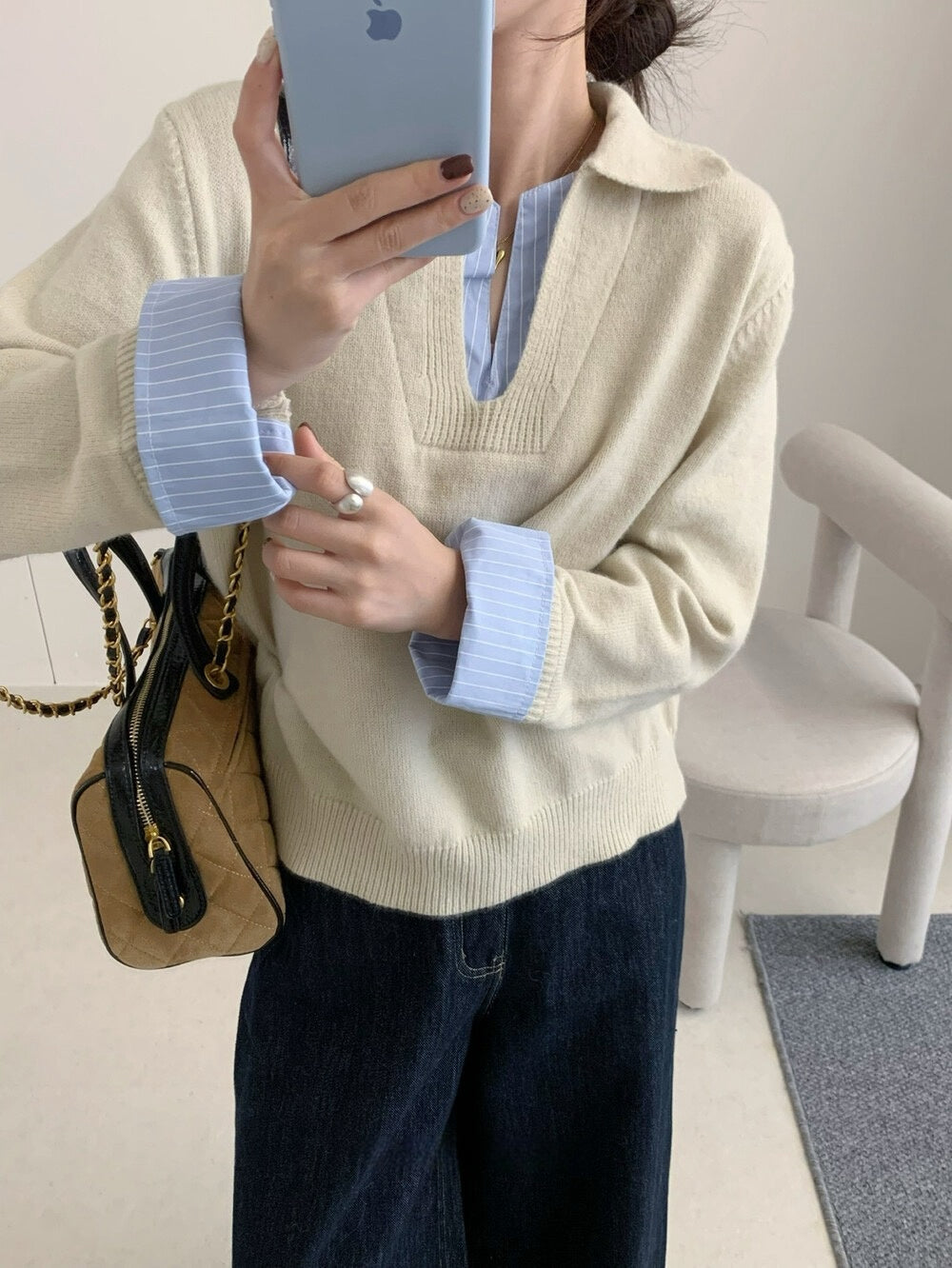 // 設計感拼接恤衫針織上衣