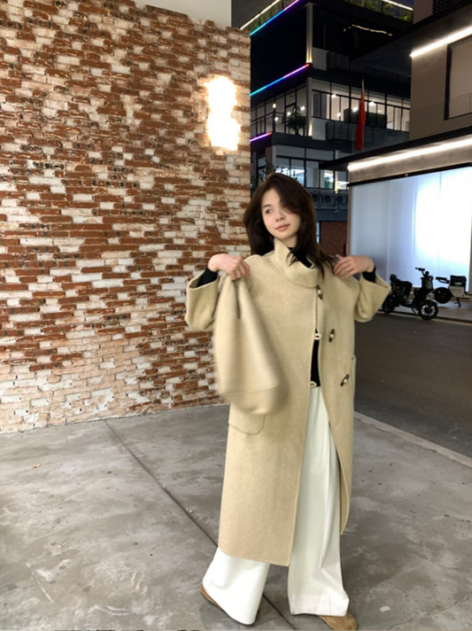 // 90%wool氣質立領長款手工羊毛外套(連袋仔)