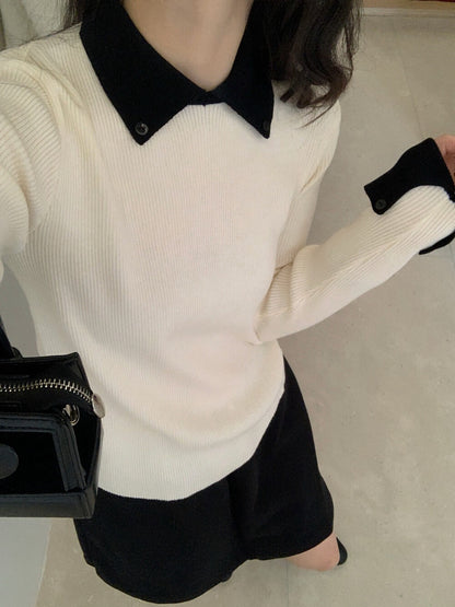 // 6%wool撞色翻領+反袖針織NT