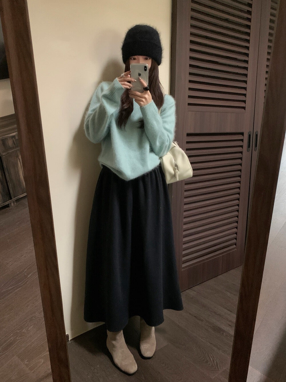 // 7%wool壓褶A字超遮肉半截裙(連腰帶)