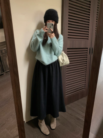 // 7%wool壓褶A字超遮肉半截裙(連腰帶)