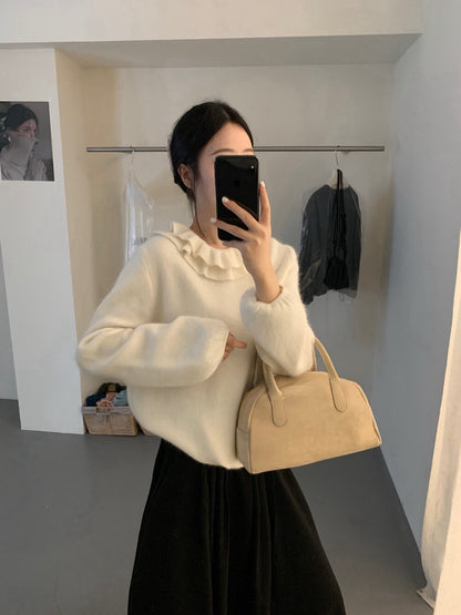 // 20%兔毛雙層荷葉領束袖口毛衣