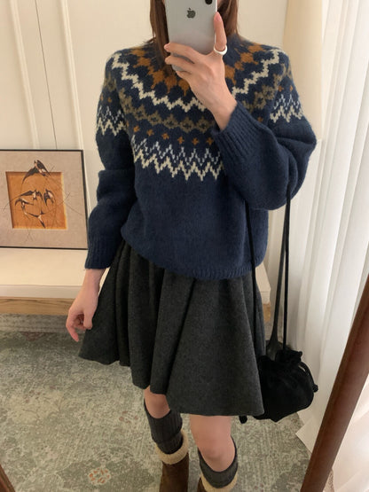 // 20%羊毛聖誕必備花紋圓領毛衣