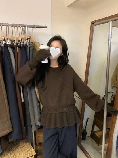 // 設計感軟糯鈕扣假兩件裙簾毛衣(連手套)