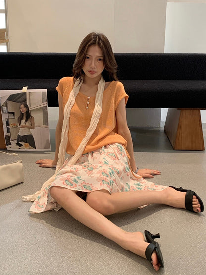 // 簡約小鈕扣飛飛袖紗線針織上衣