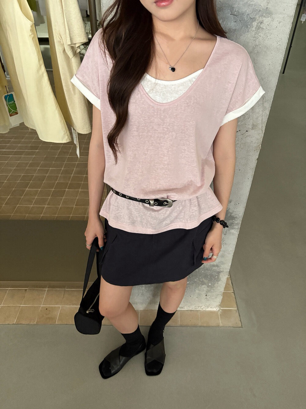 // 天絲麻假兩件親膚TEE