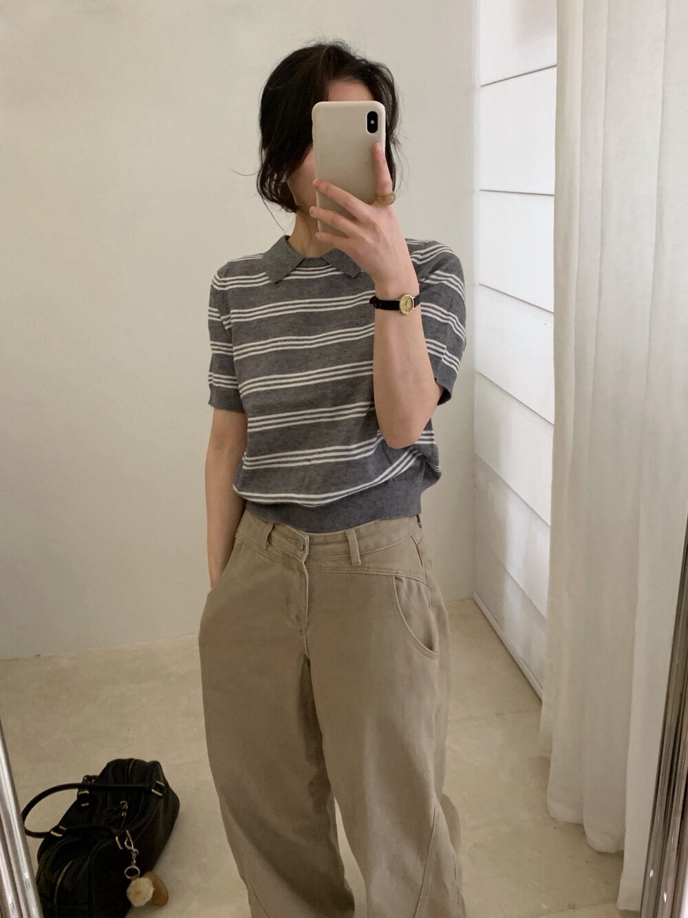 // Miu風翻領間條短袖NT