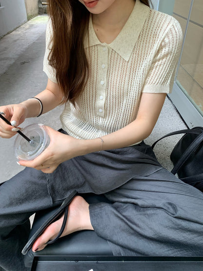 // 鏤空直織紋翻領polo NT