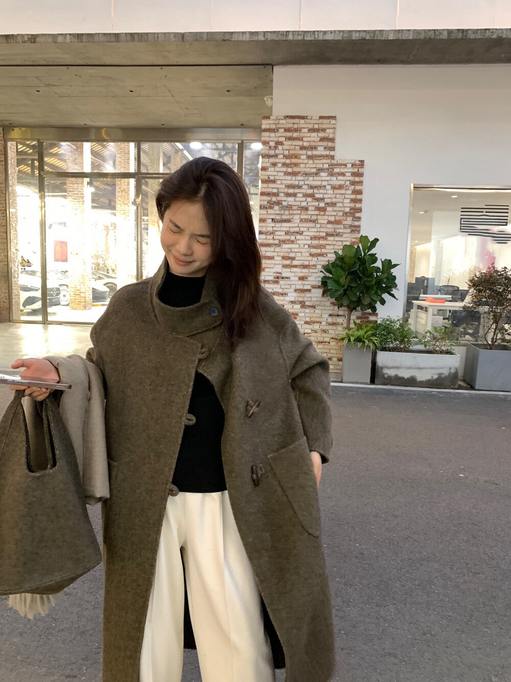 // 90%wool氣質立領長款手工羊毛外套(連袋仔)