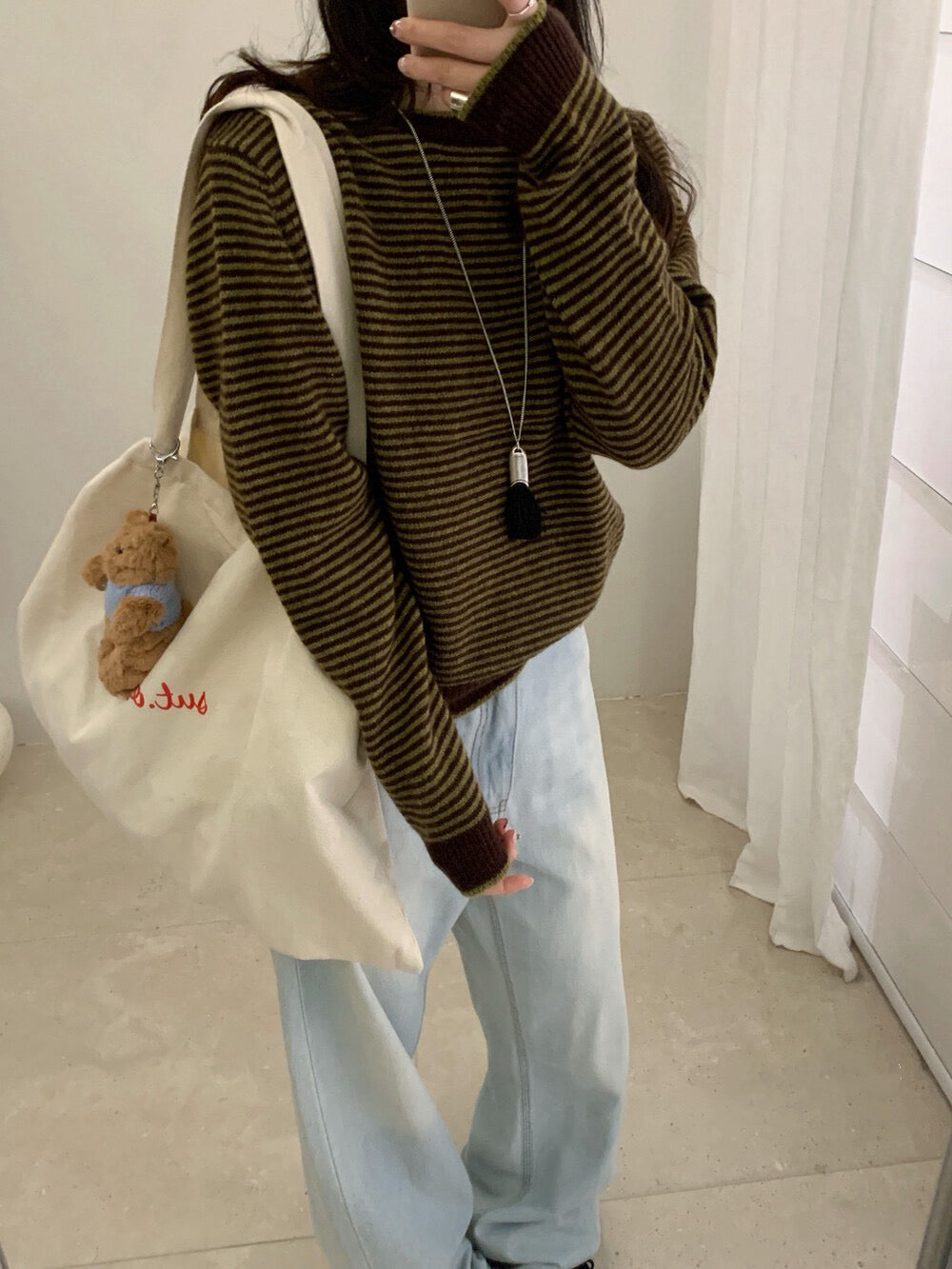 // 100%wool細間條包邊毛衣