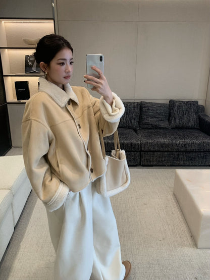 // 超軟皮毛一體麂皮翻領外套(連袋仔)