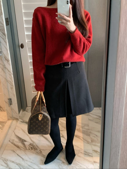 // 高級感雙層開叉五分毛呢裙