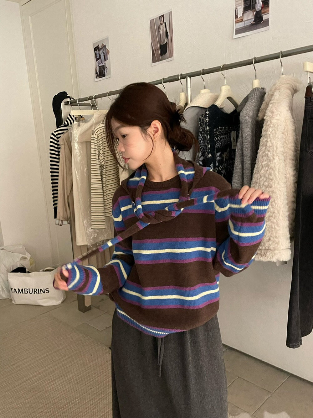 // 連可拆連帽披肩miu系撞色間條NT