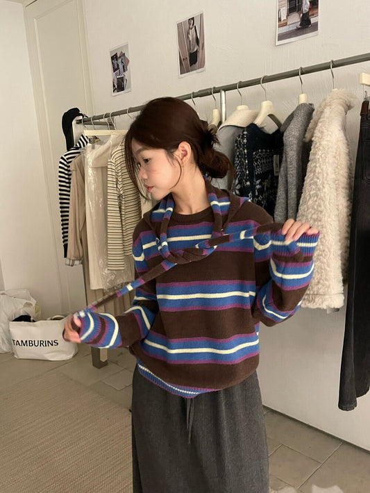 // 連可拆連帽披肩miu系撞色間條NT