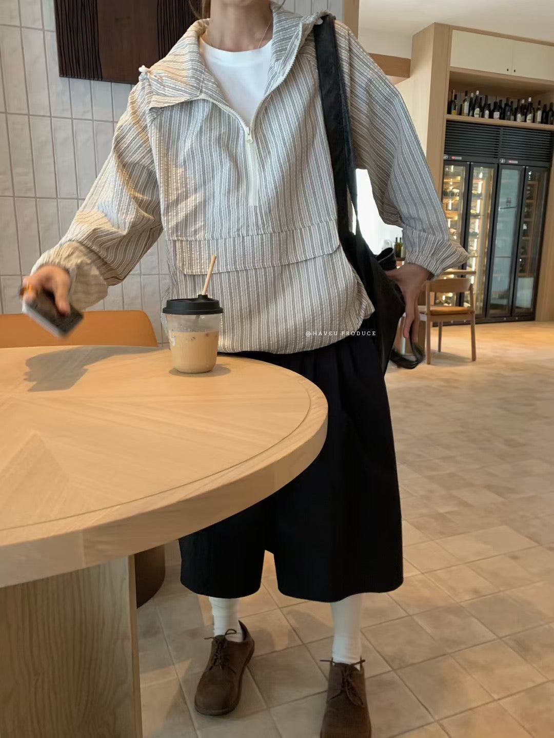 // 恤衫棉質半拉鍊口袋連帽上衣￼