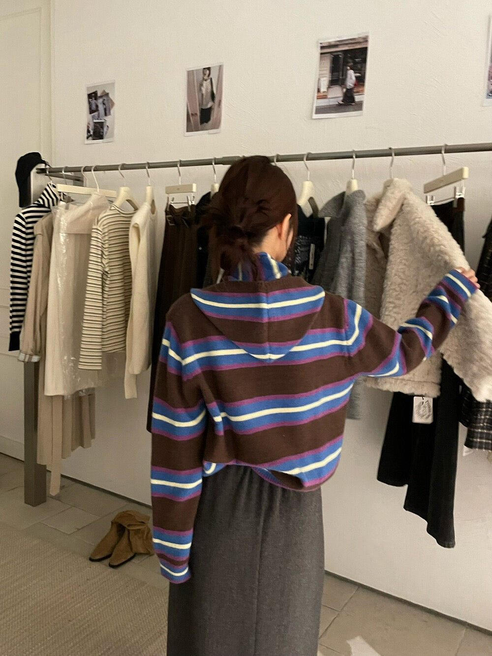 // 連可拆連帽披肩miu系撞色間條NT