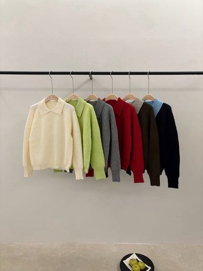 // 部分撞色翻領插肩毛衣