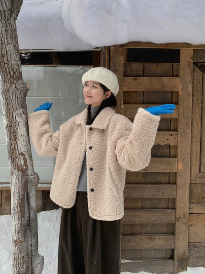 // 減齡款皮毛一體翻領毛毛外套